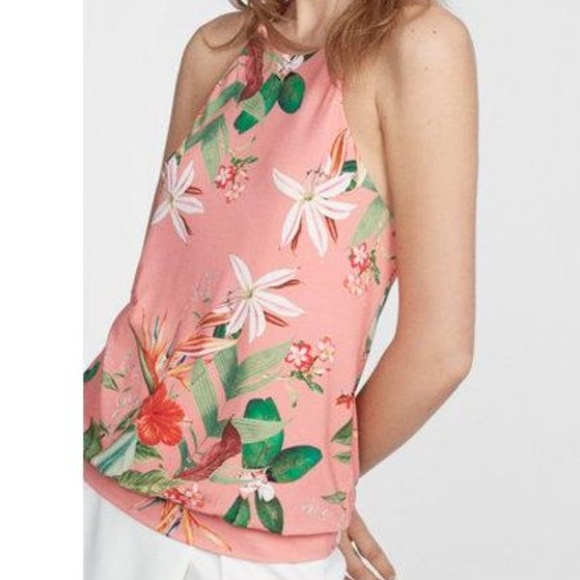 Express Tops - NWOT Tropical Print Keyhole Back High Neck Tank